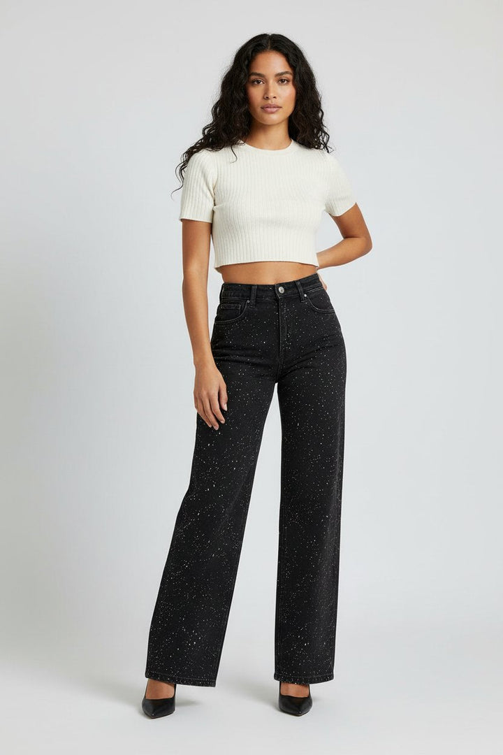 Festklare glitrende jeans for damer, med komfortabel høy midje og rette ben.