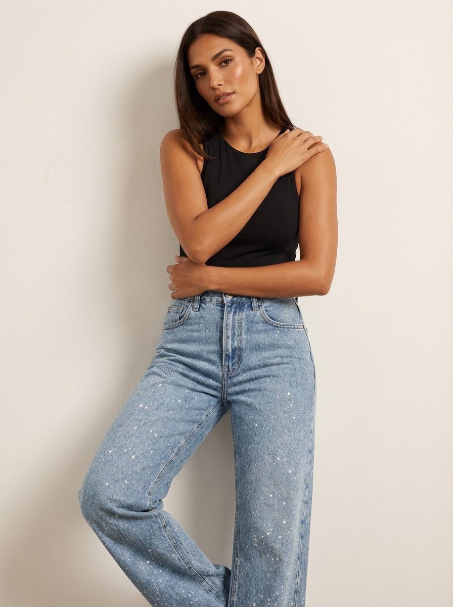 Allsidige glitrende damejeans; høy midje, rette ben. Ideell for fest og hverdag.