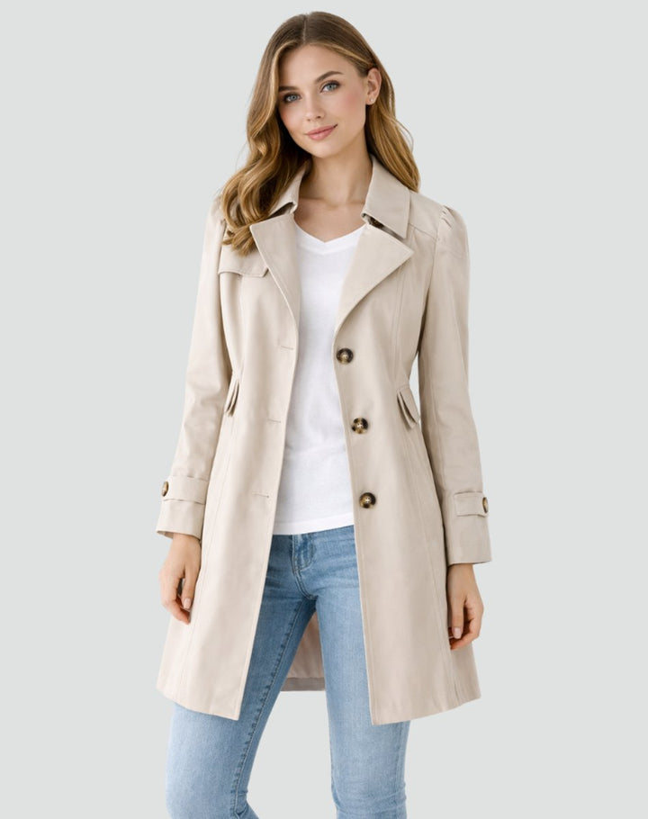 Tidløs, mellomlang trenchcoat med krage for kvinner, allsidig for vår og høst.