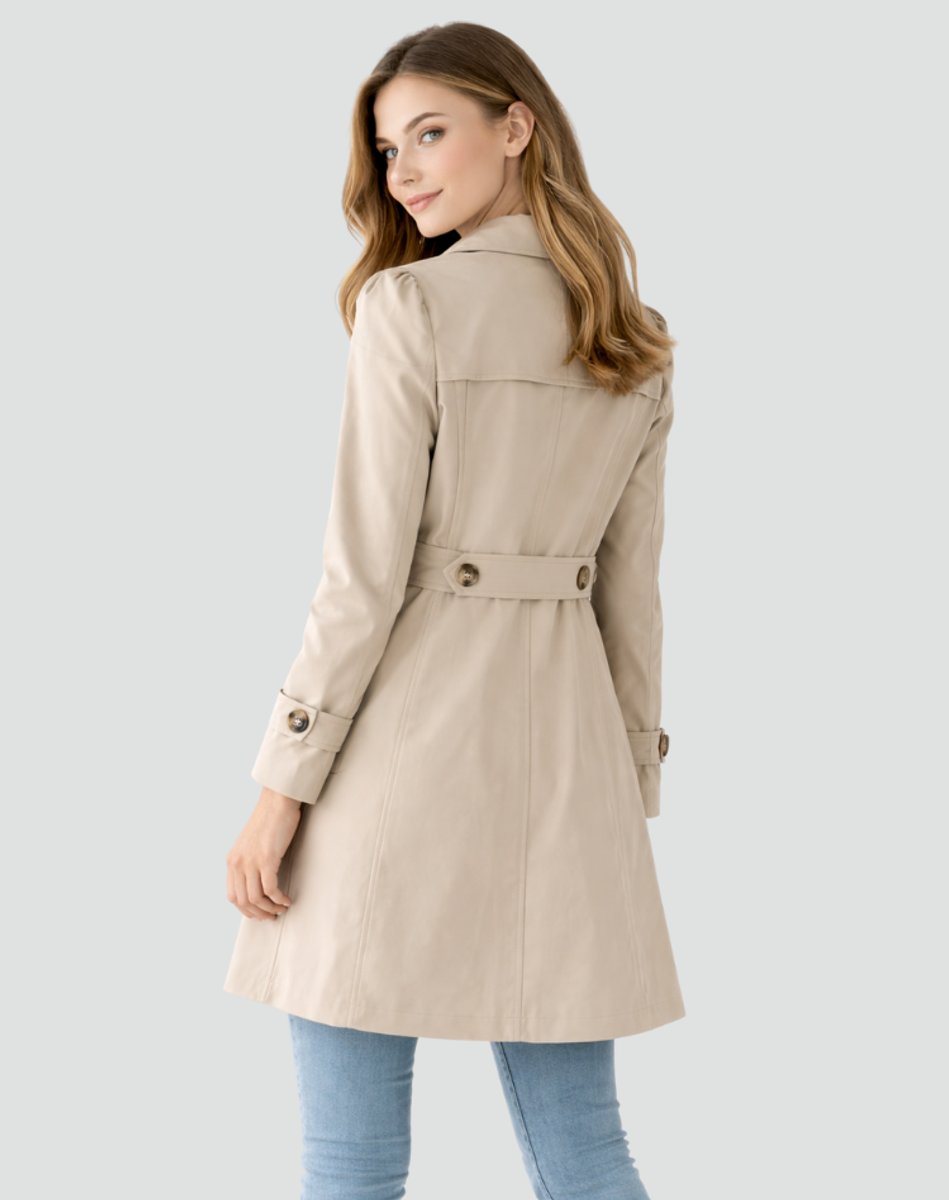Stilig kvinnenes kåpe, en mellomlang trenchcoat med tidløs skreddersydd passform.