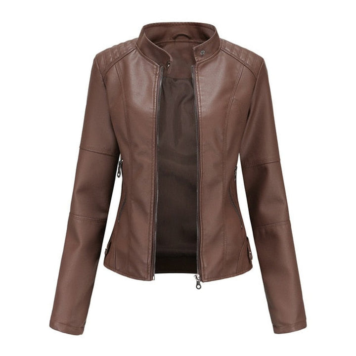 Elegant kort jakke for kvinner med glidelås og høy krage i beige. Ideell for casual eller smart stil.