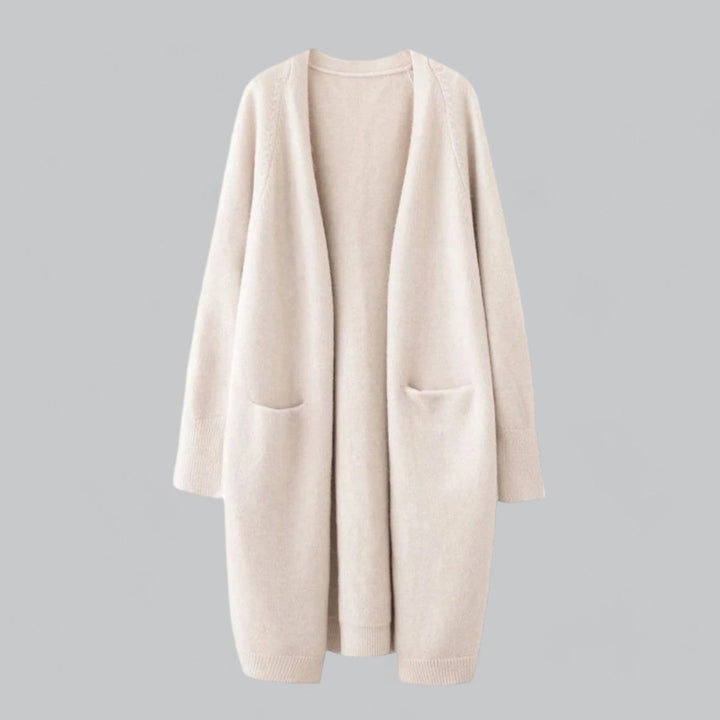Elegant kvinner cardigan i fri størrelse, laget av luksuriøs kashmirblanding. Ideell for mote og varme.