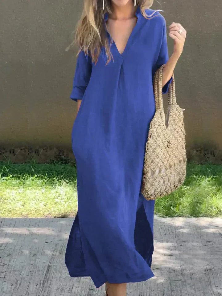 Elegant og komfortabel v-hals sommerkjole for kvinner, lang, løs passform i lin look, perfekt til fest eller hverdag.