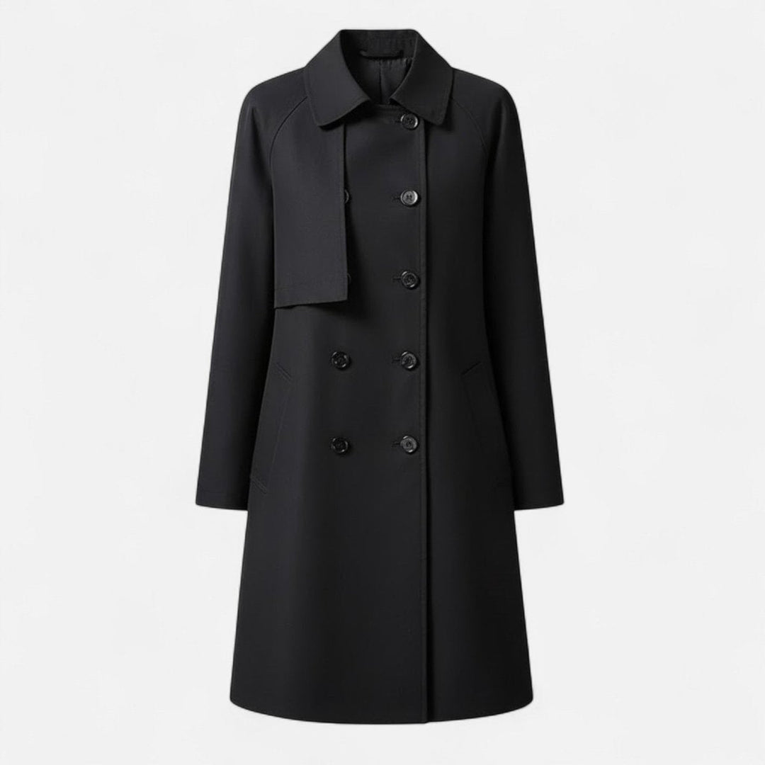 Marineblå dobbeltspent midi trenchcoat for kvinner. Elegant klassisk høst- og vårjakke, perfekt for business.