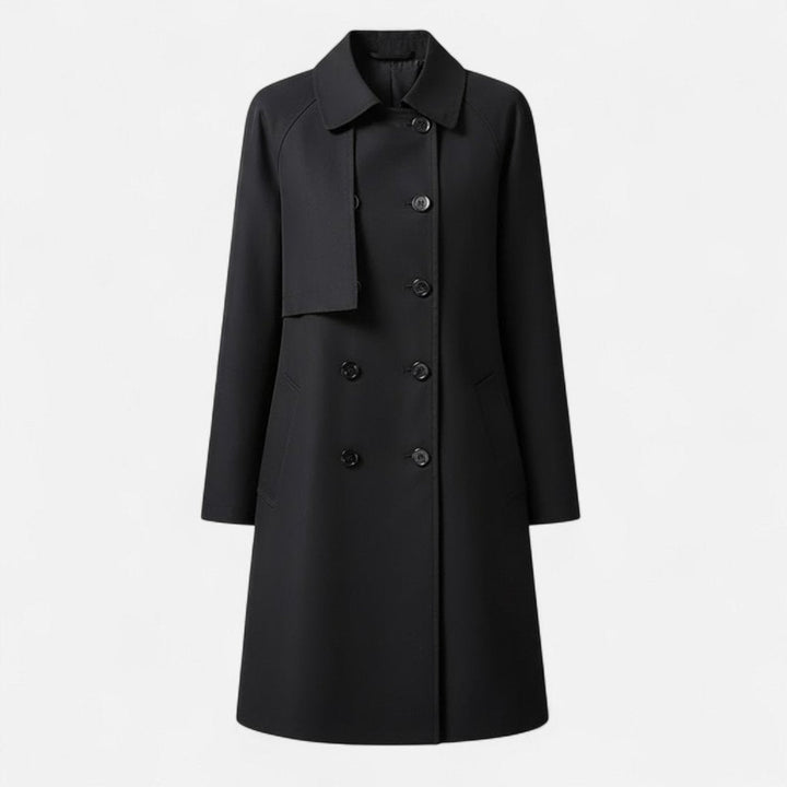 Marineblå dobbeltspent midi trenchcoat for kvinner. Elegant klassisk høst- og vårjakke, perfekt for business.