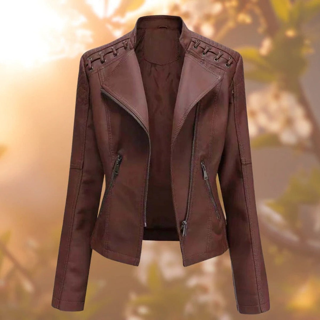 Lys rosa dame motejakke med glidelås, stilfull og tøff for en unik og feminin bikerstil.