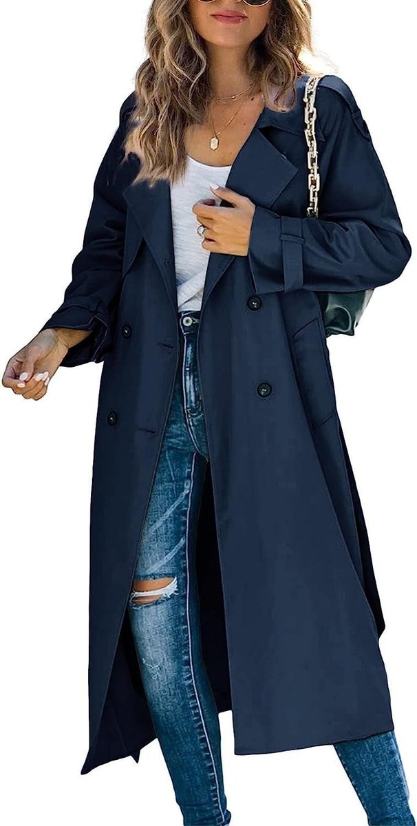 Klassisk oversized dobbeltradet trench coat for kvinner med belte. Elegant yttertøy i tidløs stil.