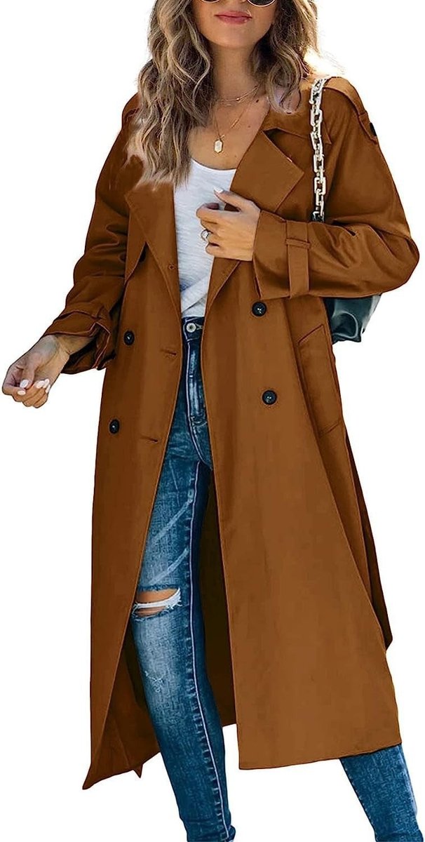 Elegant dobbeltradet trench coat for kvinner, vist åpen. Komfortabel og stilig yttertøy.