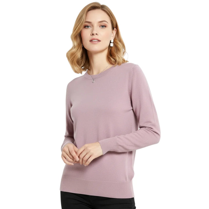Ensfarget dametopp, casual stil, O-hals og lange ermer, perfekt for fritid.