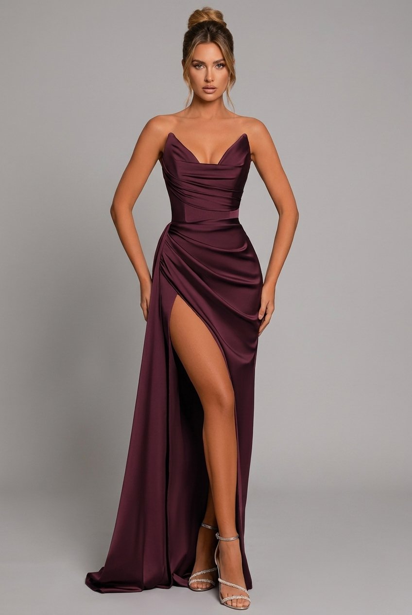 Kvinne satin bodycon maxikjole med elegant hjerteutskjæring. Perfekt festkjole for spesiell anledning.