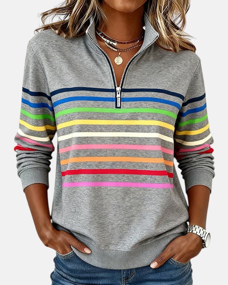 Dame sweatshirt med fargerike striper, glidelås, og lange ermer for en avslappet hverdagslook.