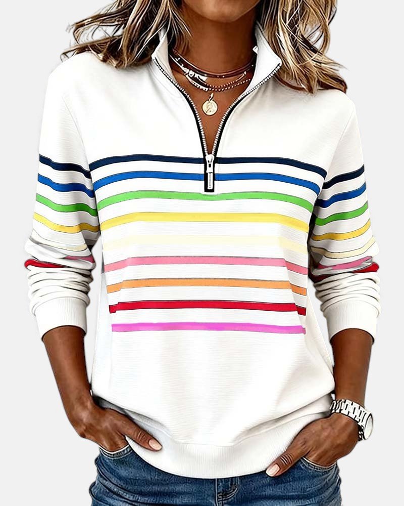 Motebevisst damegenser, fargerike striper, langermet sweatshirt perfekt for fritid.