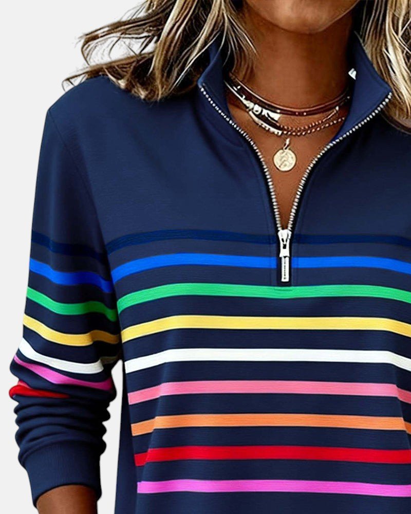 Trendy damegenser, striper i regnbuefarger, glidelås og lange ermer for en kul stil.