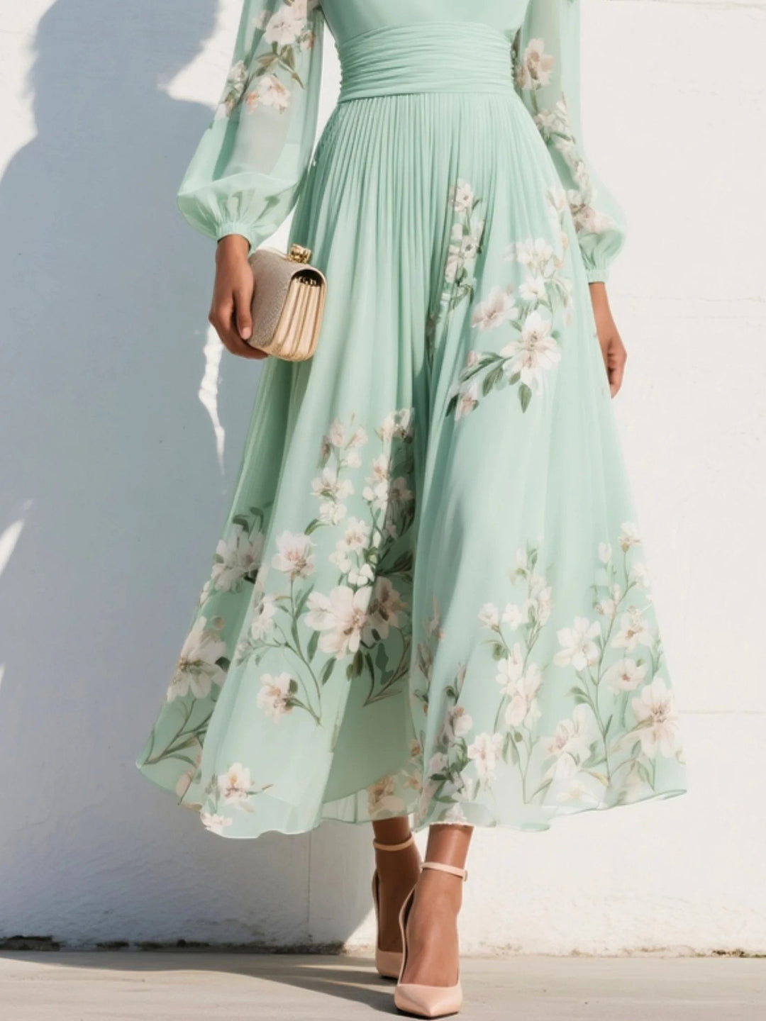 Kvinners blomstrete midi kjole med V-hals, voluminøse ballongermer og et elegant mønster. Perfekt som sommer- og festkjole.