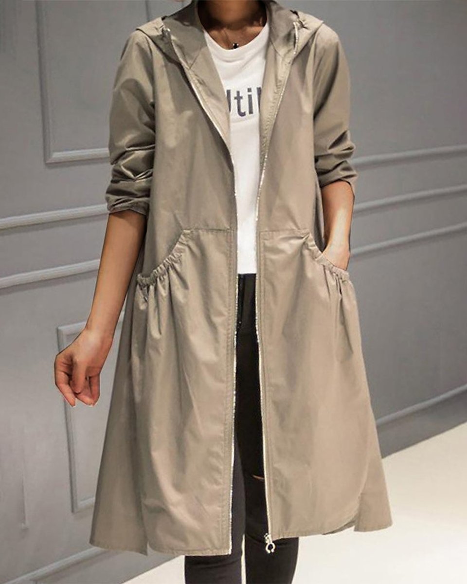 Dame vannavvisende lang trenchcoat med hette, klassisk stil for høst og vår.