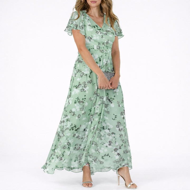 Dame maxikjole med elegant blomsterdesign, V-hals og volangermer, perfekt chiffon kjole for bryllupsgjest.