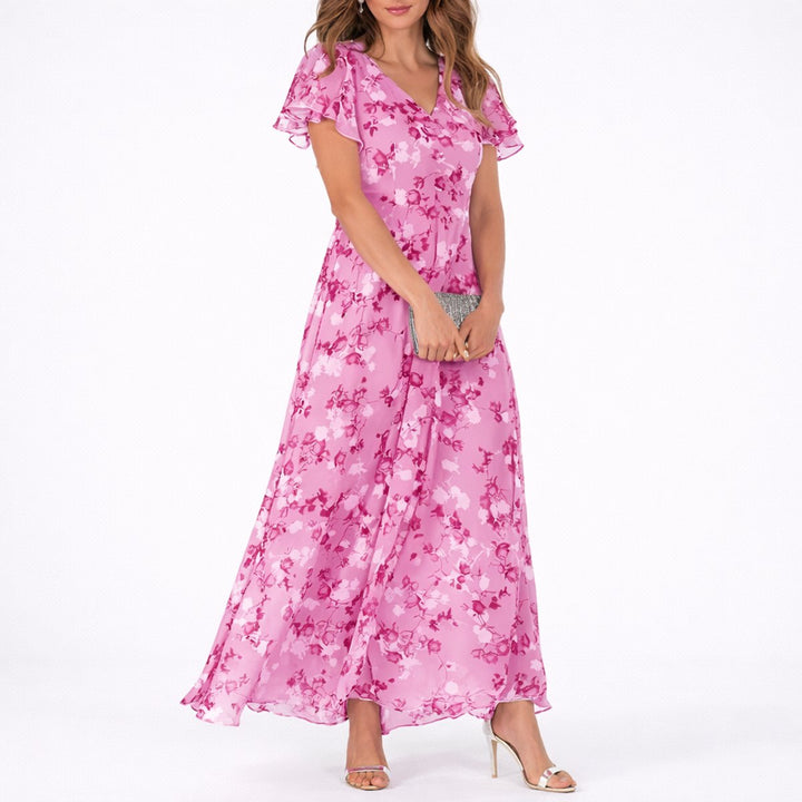 Høstkjole: Floral chiffon maxikjole med elegant V-hals og volangermer, ideell for bryllupsgjest anledninger.