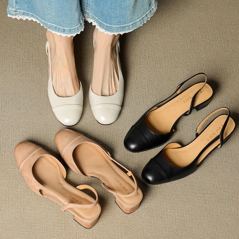 Slingback pumps med lav blokkhæl og elegant mandeltå, ideelle for både jobb og fritid.