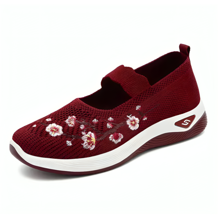 Stilige damesko i mesh med blomsterbroderi, støtdemping og ergonomisk design. Ideelle komfortsko.