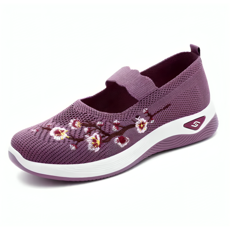 Lettvektige slip-on damesko med støtdemping, blomsterbroderi og pustende mesh for hverdagsbruk.