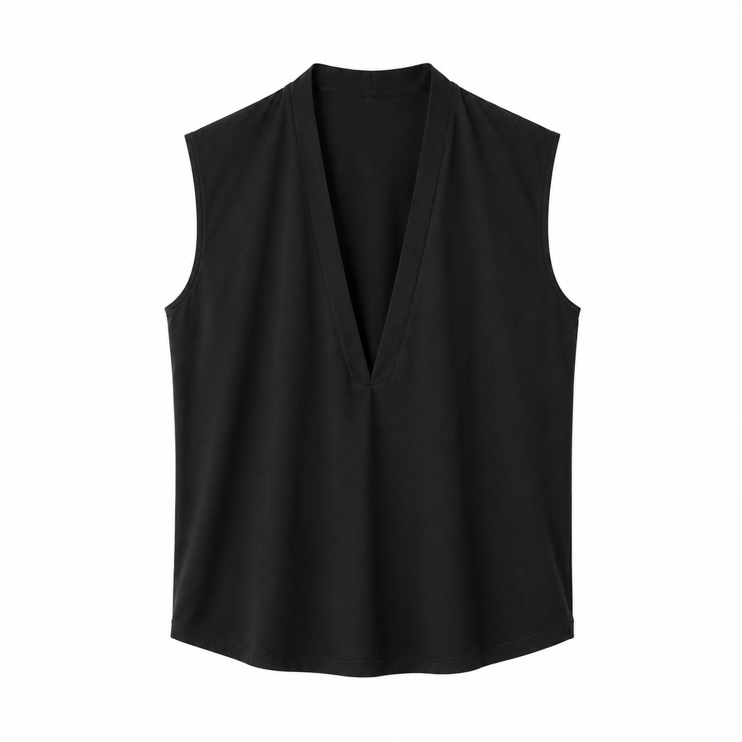 Stilren svart herre tanktopp med dyp V-hals. Minimalistisk design for streetwear og avslappet sommerbruk.