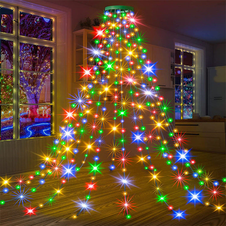 Juletrelys med fossefall og ring i varmt LED-lys; koselig belysning til jul og festsesongen.