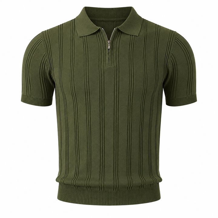 Stilig herre strikket polo med glidelås. Detaljert vintage jacquardmønster perfekt for sommer.