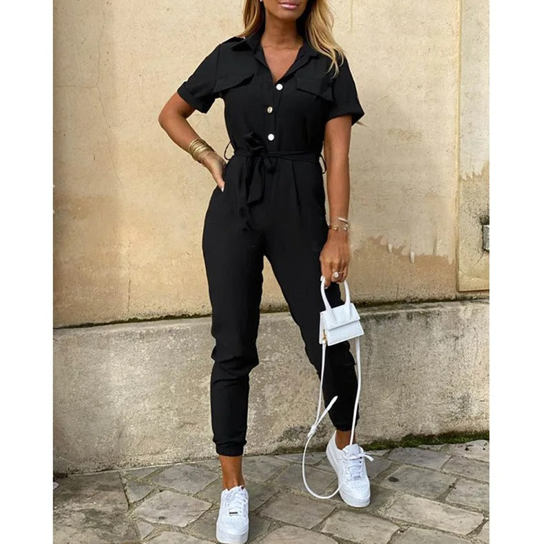Monokromatisk jumpsuit for damer med belte, en chic og komfortabel valgfrihet for mote.