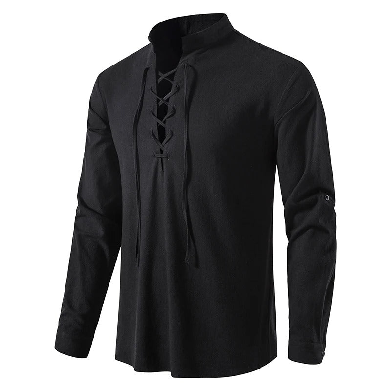 Menns komfortable yogaskjorte, vintage stil, langermet, med plisserte detaljer. Hverdagsklar.