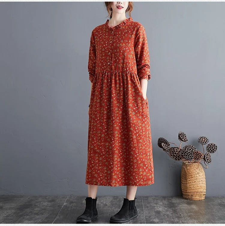 Vintage blomstret volangkjole til kvinner. Langermet, løs passform, elegant og komfortabel vårkjole.