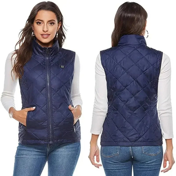 Elegant varmevest for kvinner med 9 oppvarmede soner, gir optimal komfort og kuldebeskyttelse i vinter.