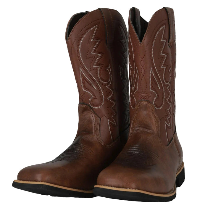 Robuste brune cowboystøvler for menn. Tidløs westernstil, komfortabel slip-on hverdagssko med firkantet tå.