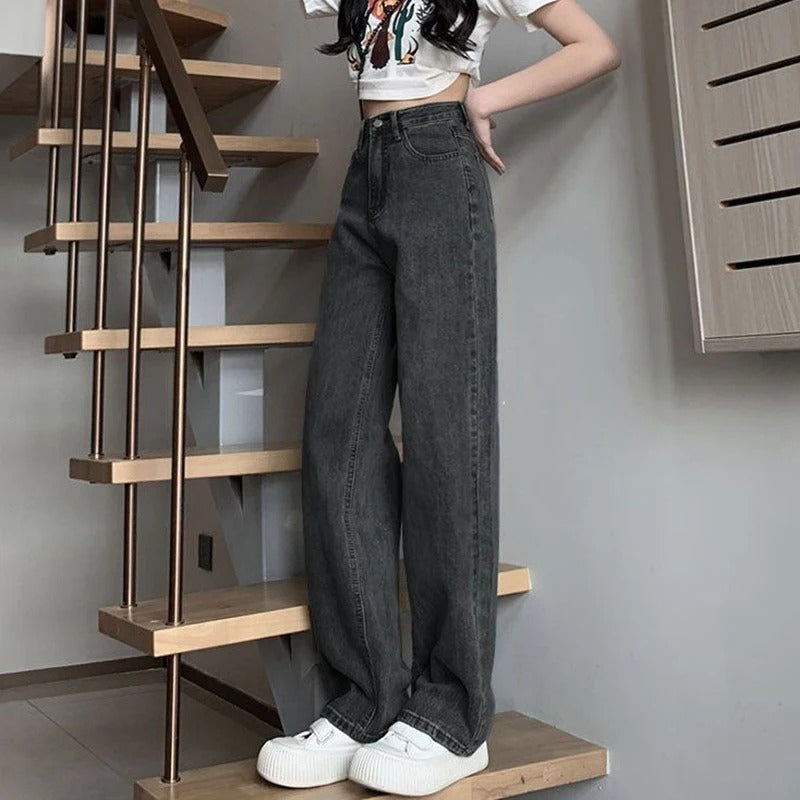 Høy midje vintage jeans for damer, med vide ben for en komfortabel og elegant stil.
