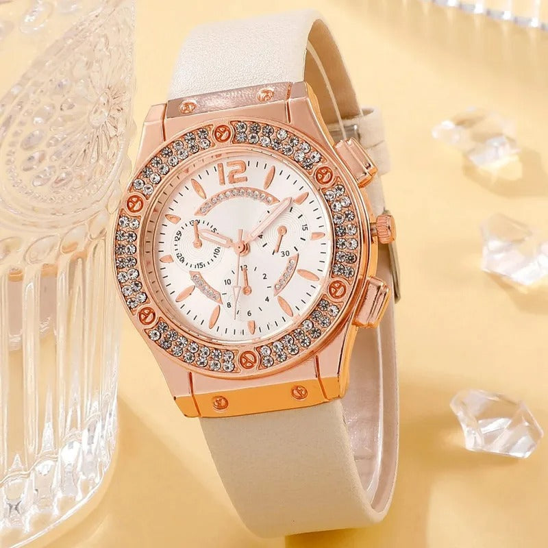 Trendy dameklokke og armbånd med rhinestones, et komplett motetilbehørsett.