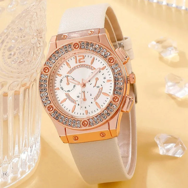Trendy dameklokke og armbånd med rhinestones, et komplett motetilbehørsett.
