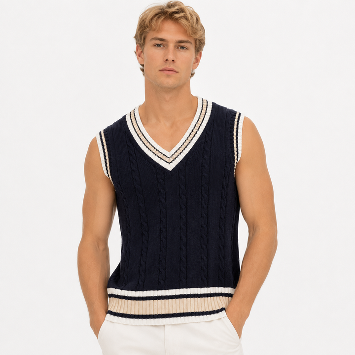 Tekstur av strikket herre vest med V-hals i preppy stil. En retro genservest for moderne menn.