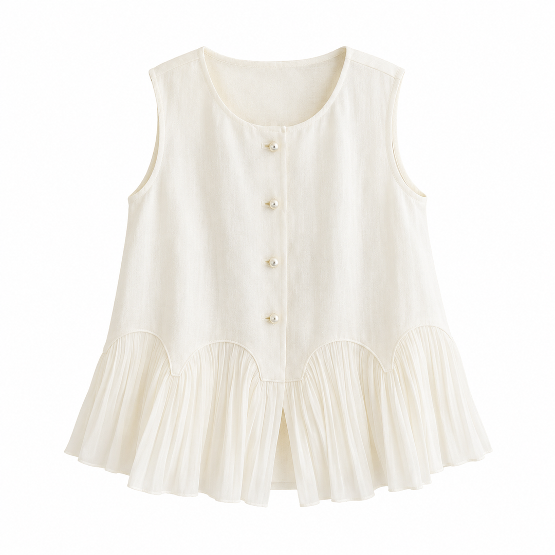 Feminin aprikos sommertopp for dame, ermeløs og med elegant vintage design. Ideell for varme dager.