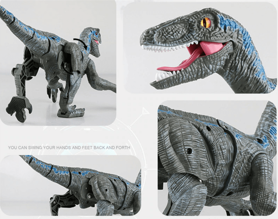 Sidestående bilde av detaljert, realistisk RC Velociraptor. En høykvalitets fjernstyrt dinosaurleke for barn.
