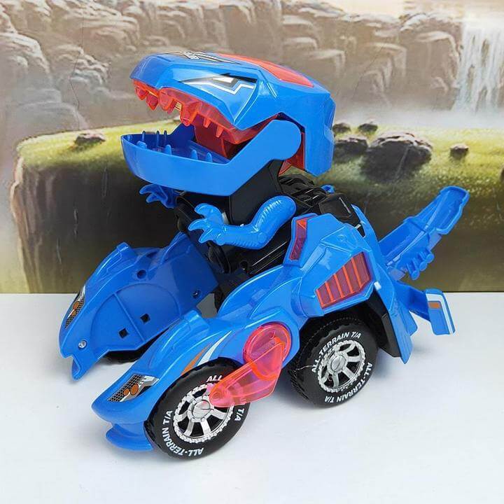 Interaktiv robotbil-leke som skifter til dinosaur med LED-lys og lyd. Rød farge. Morsom og engasjerende for barn.