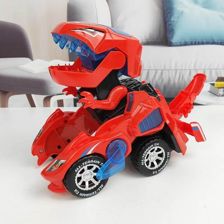 Rød transformerende lekebil som blir til en dinosaur. Innebygde LED-lys og lyder. Populær bursdagsgave.