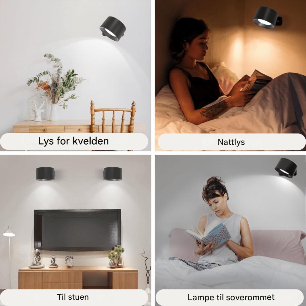 Stilfull oppladbar LED-vegglampe i et moderne interiør. Trådløs med 360° justerbar funksjon.