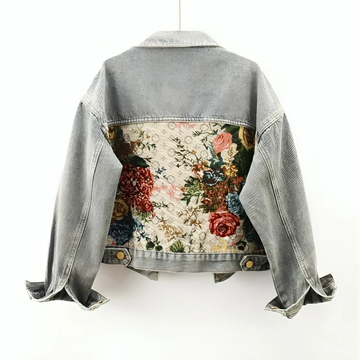 Casual lyseblå dame jeansjakke med kunstnerisk blomstermønster, vår/høst stil.