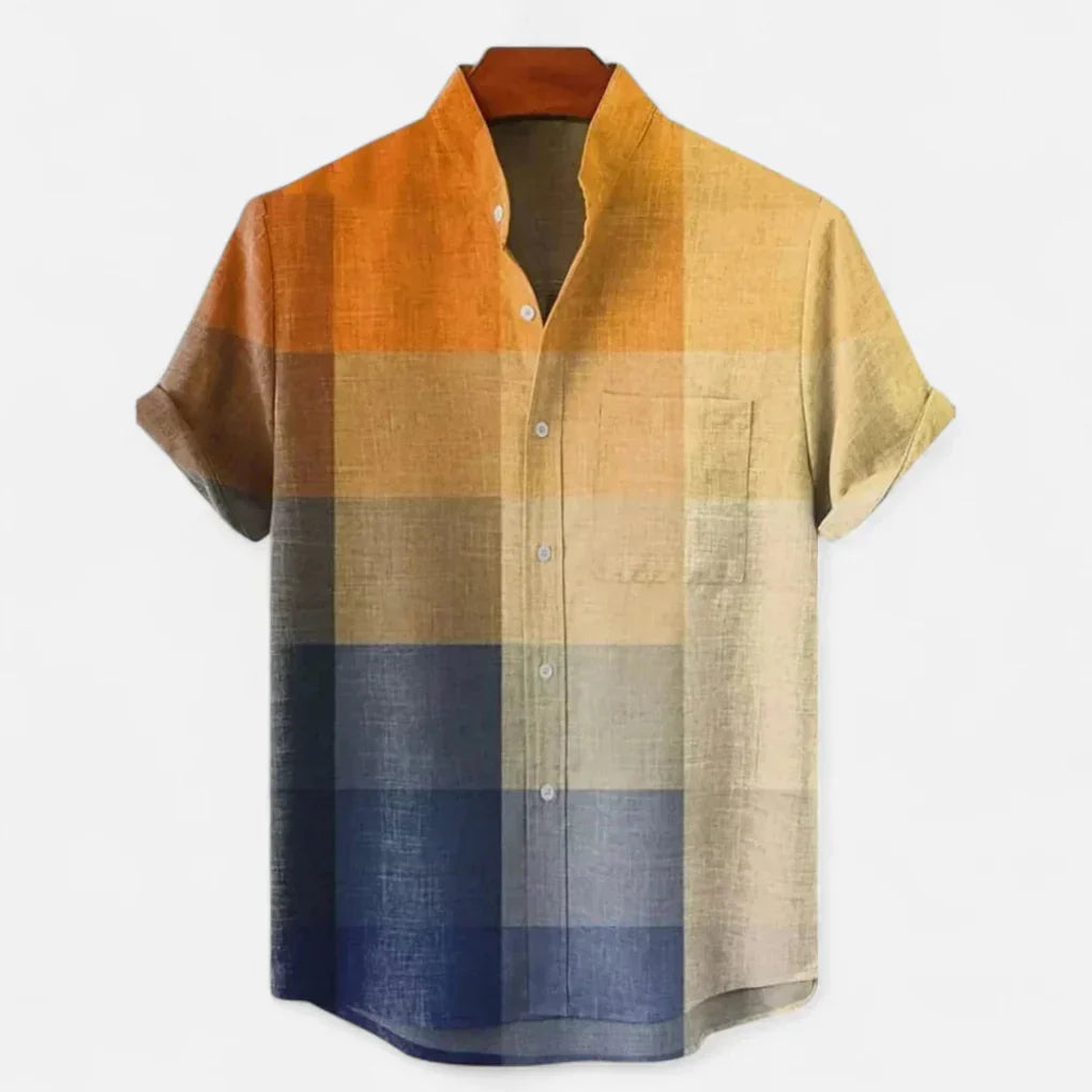 Oransje herreskjorte i lin med korte ermer, unikt print. Perfekt som avslappet sommerskjorte for menn.