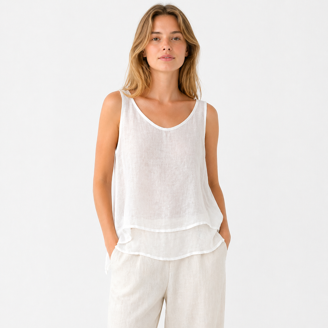 Dame singlet i pustende bomull/lin, vintage sommerstil. Perfekt avslappet topp for varme dager.