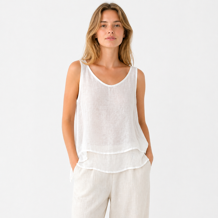 Dame singlet i pustende bomull/lin, vintage sommerstil. Perfekt avslappet topp for varme dager.