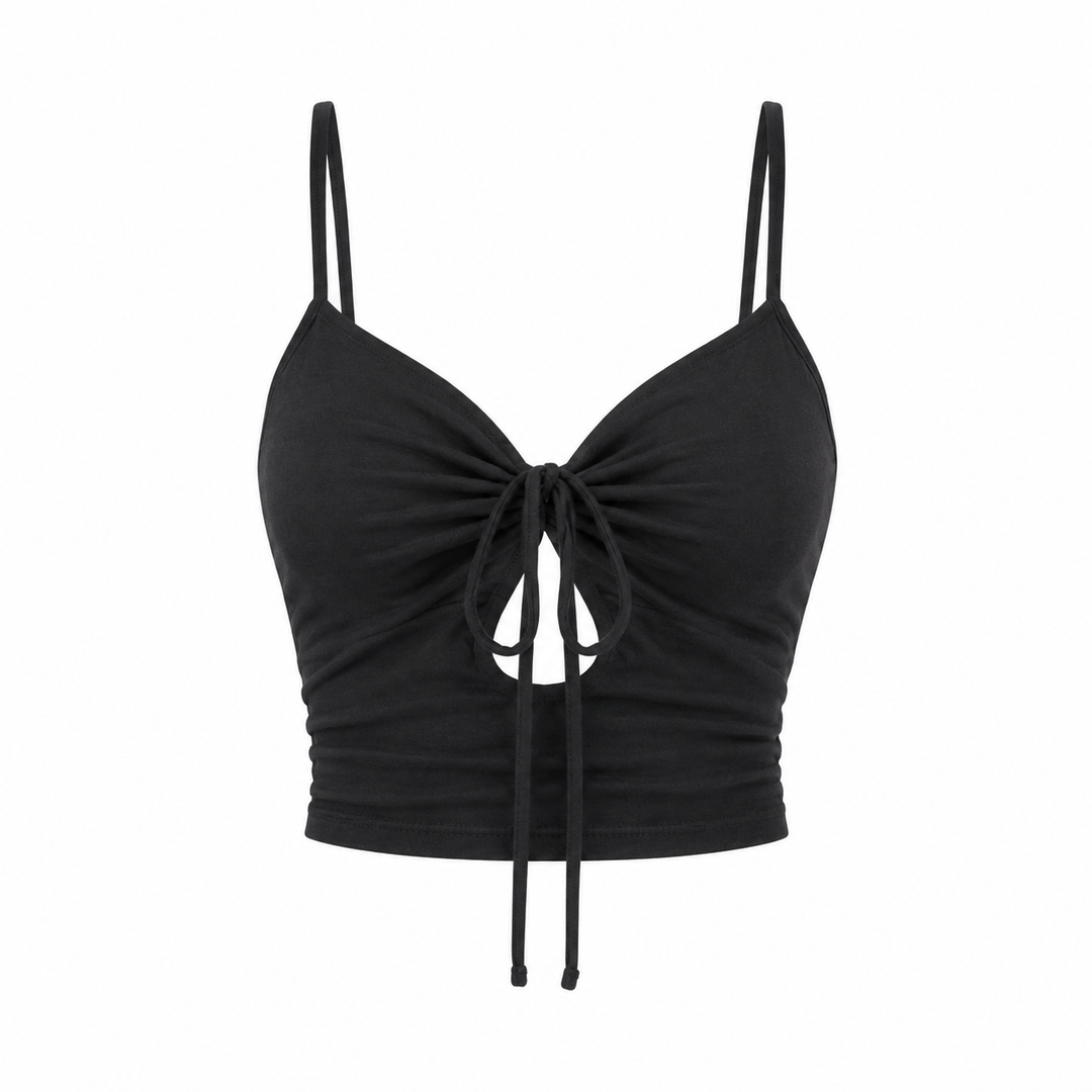 Trendy svart plissert crop topp til dame med knyting. Ideell sommertopp for fritid og ferie.