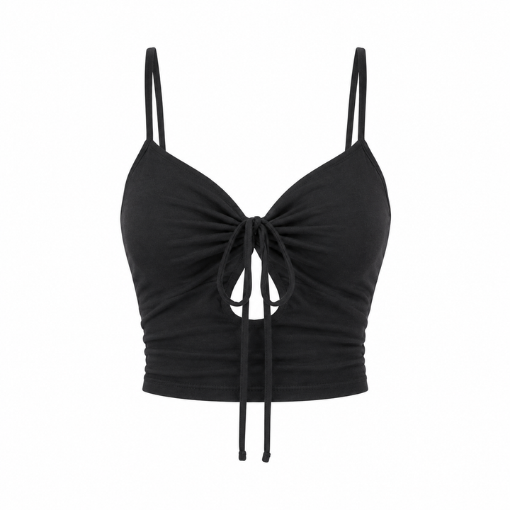Trendy svart plissert crop topp til dame med knyting. Ideell sommertopp for fritid og ferie.