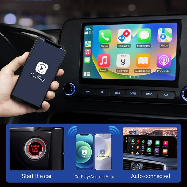 Trådløs 2-i-1 CarPlay & Android Auto dongle for enkel bil-integrasjon, USB-tilkobling.