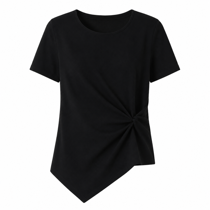 Slim fit asymmetrisk dameskjorte i beige, flatterende topp med korte ermer for hverdag og stil. Komfortabel mote.