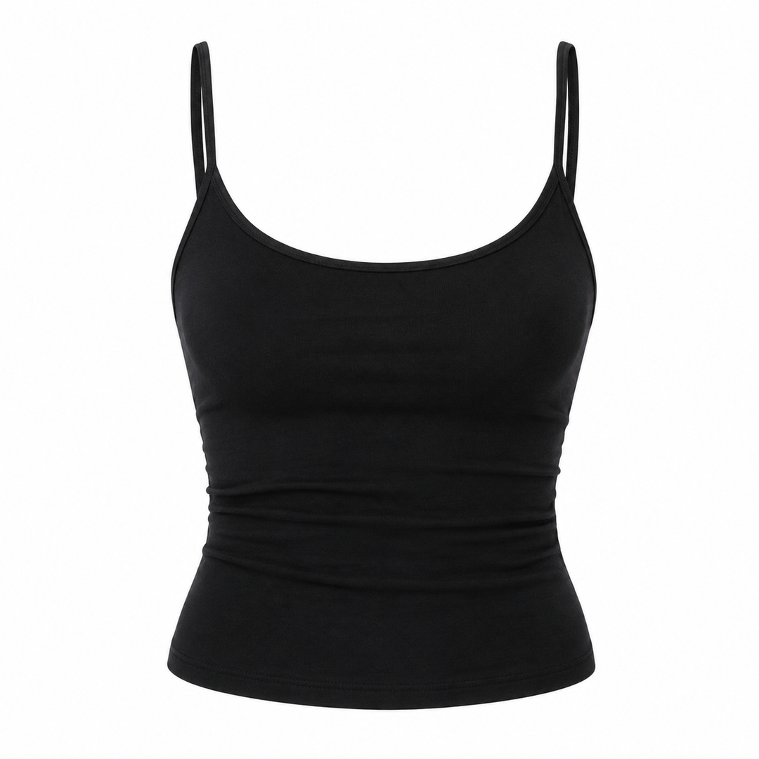 Allsidig dame camitopp med spagettistropper. En kort ermeløs crop topp, perfekt som casual sommertopp.